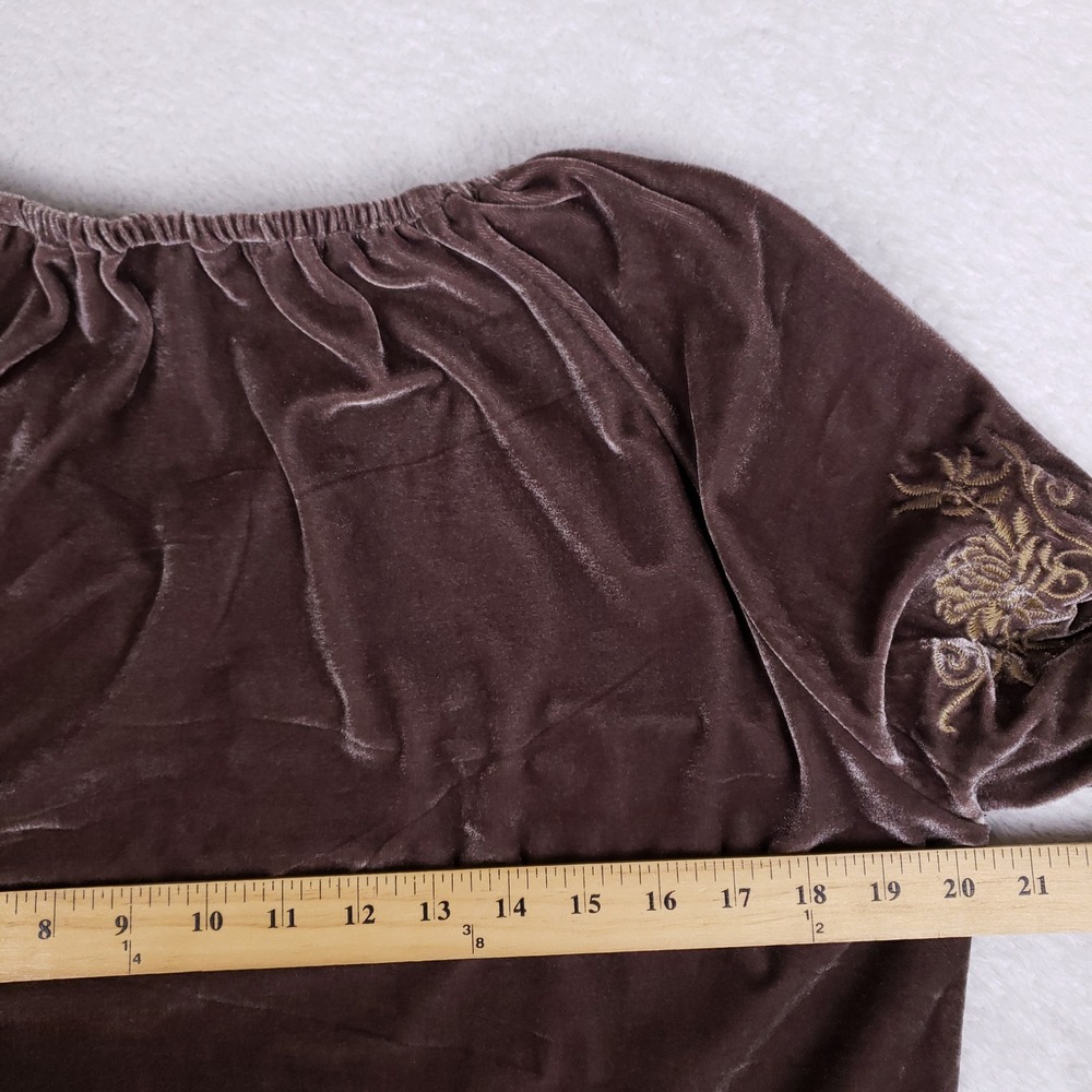 Paparazzi Brown Velvet Embroidered Peasant Blouse Tassel V-Neck Medium Boho - Picture 7 of 8